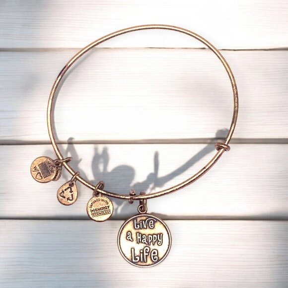 Alex & Ani "Live A Happy Life" Charm Bangle Bracelet Gold-Tone Expandable - Picture 1 of 2